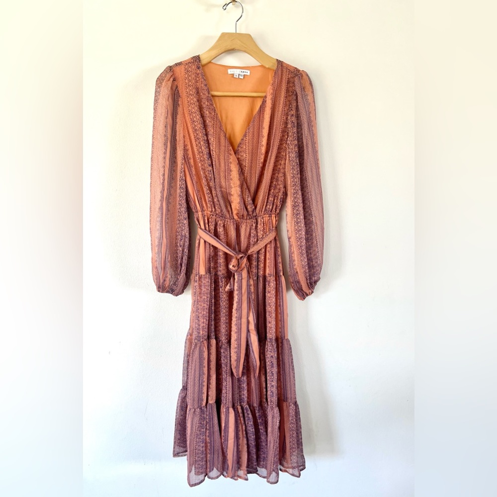 Baltic Born Long Sleeve Orange Tiered Skirt Boho Maxi Dress Size Small